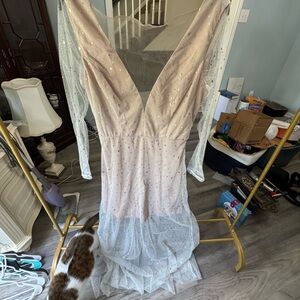 Sheer Sparkle V-Neck Evening Gown in Blush